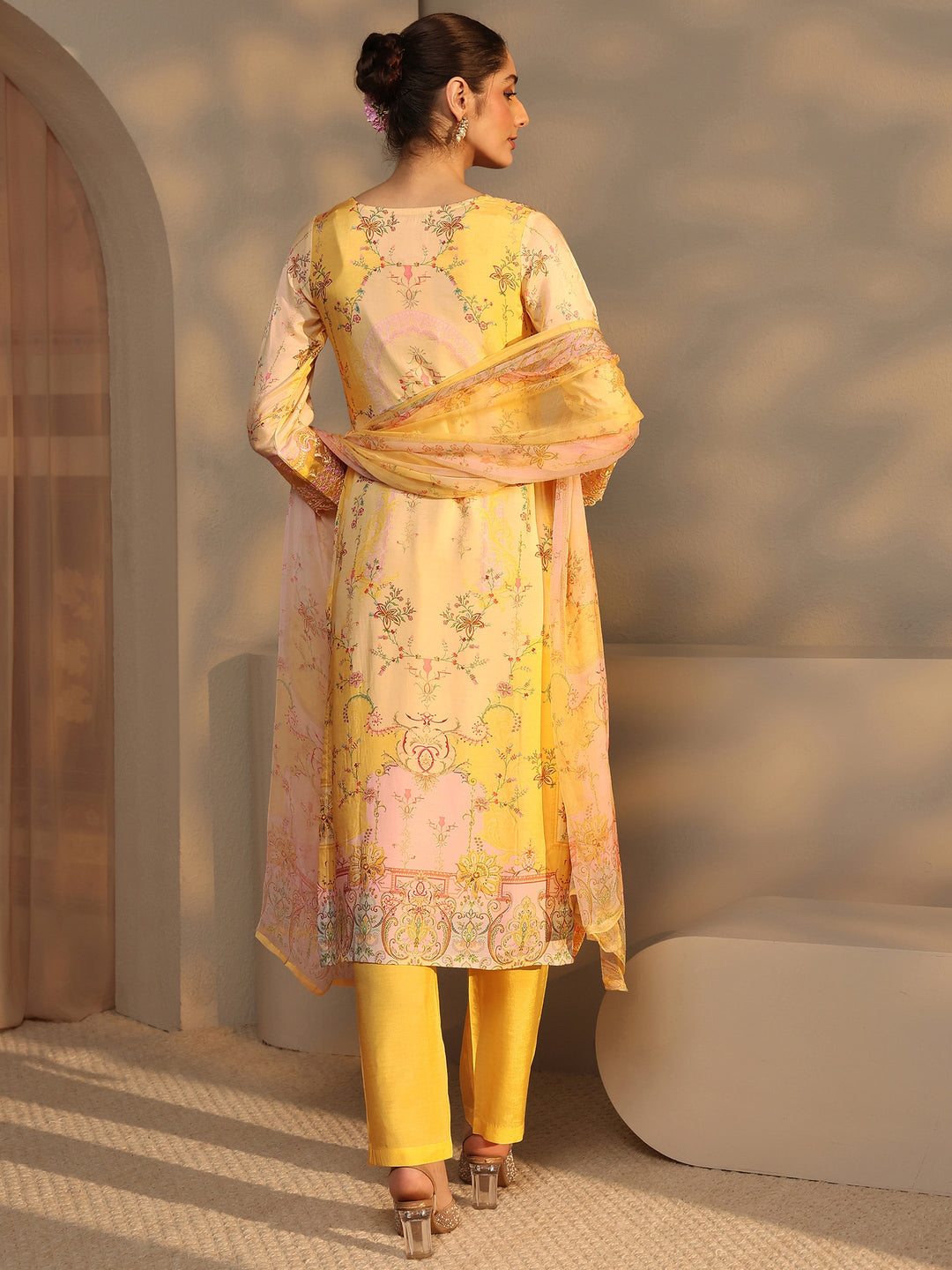  Libas Art Yellow Printed Silk Blend Straight Suit Set With Dupatta 