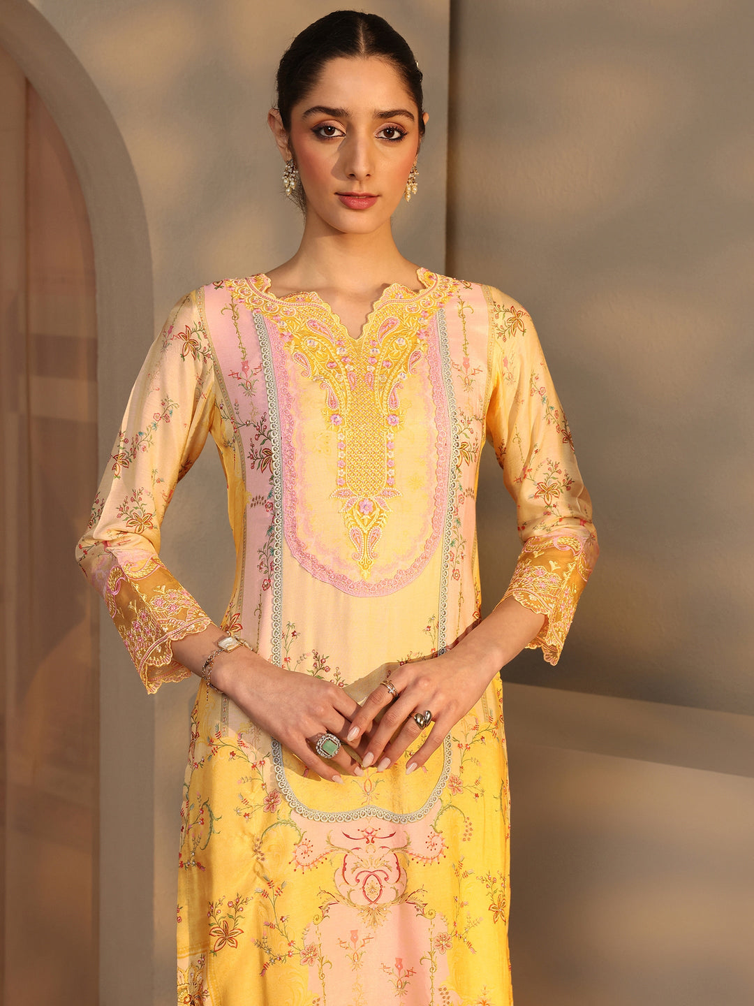  Libas Art Yellow Printed Silk Blend Straight Suit Set With Dupatta 