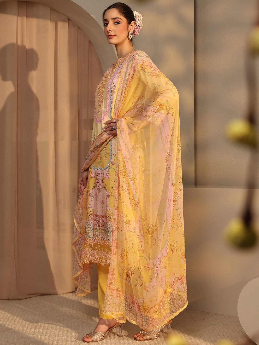  Libas Art Yellow Printed Silk Blend Straight Suit Set With Dupatta 