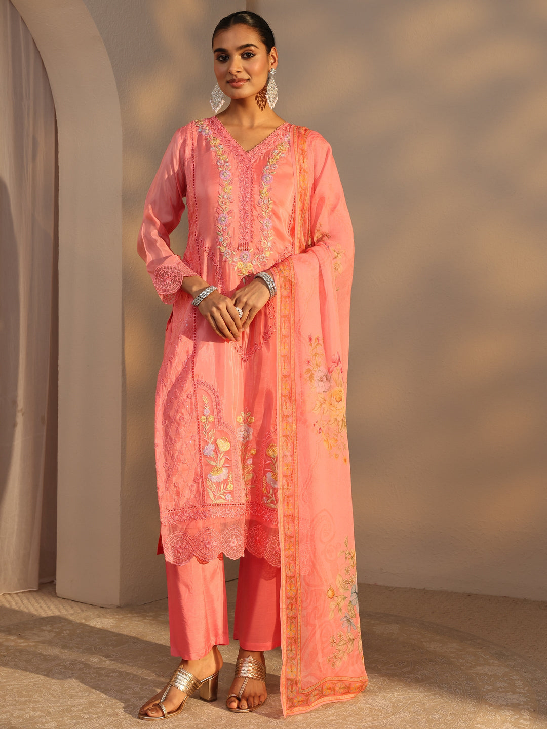  Libas Art Peach Floral Embroidered Organza Straight Suits Set With Dupatta 
