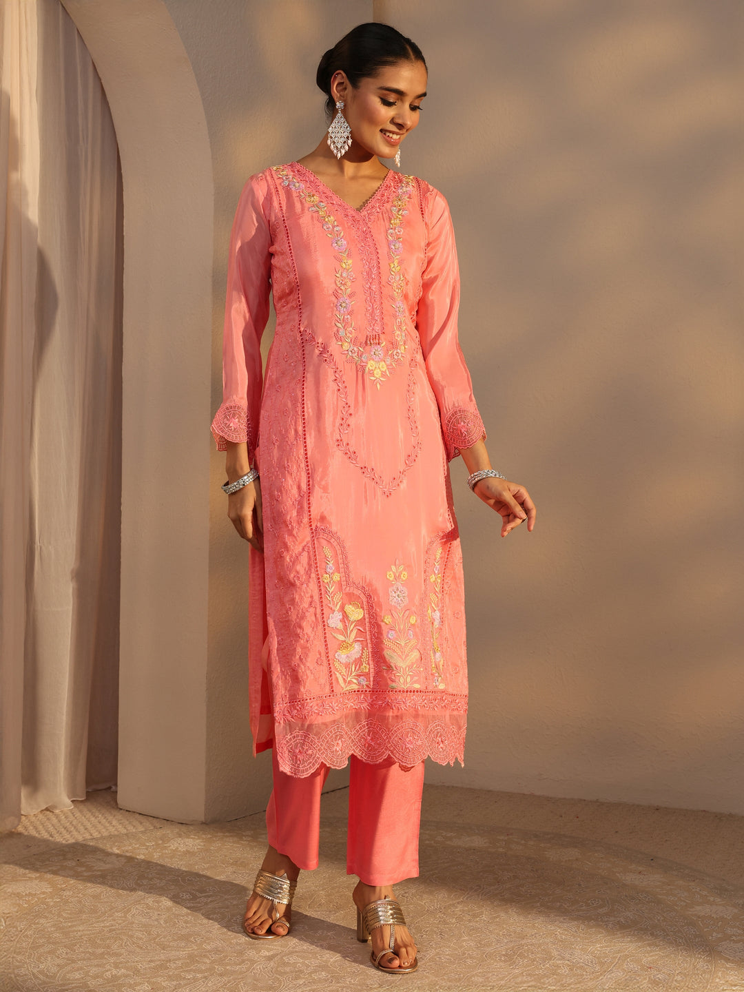  Libas Art Peach Floral Embroidered Organza Straight Suits Set With Dupatta 