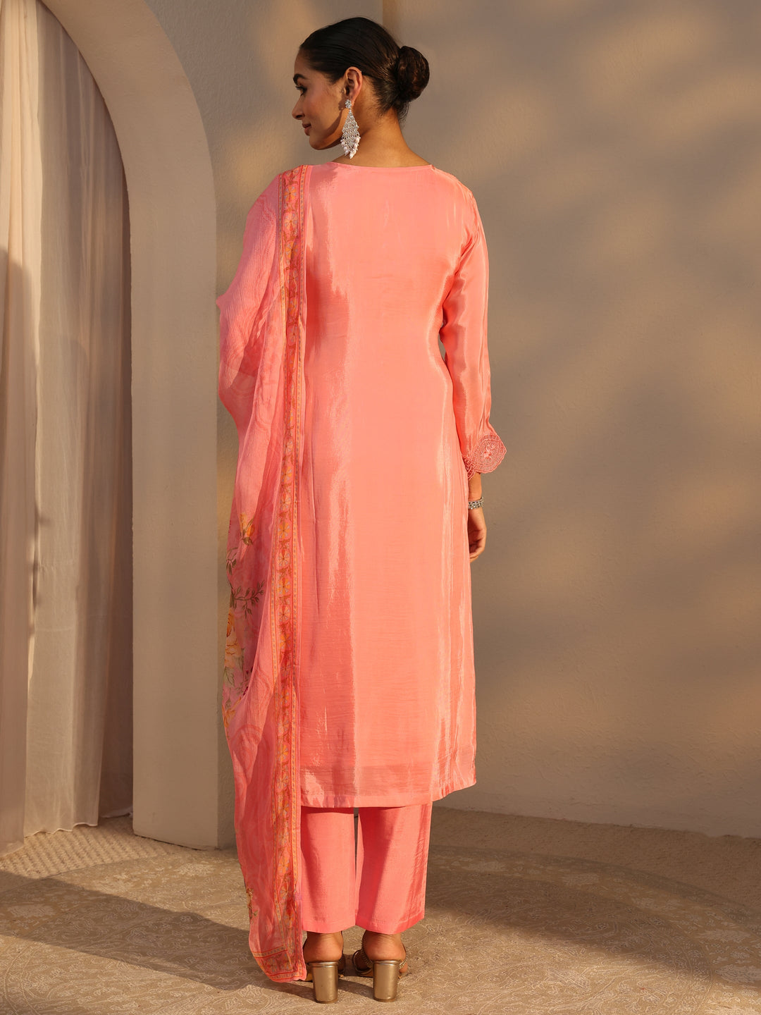  Libas Art Peach Floral Embroidered Organza Straight Suits Set With Dupatta 