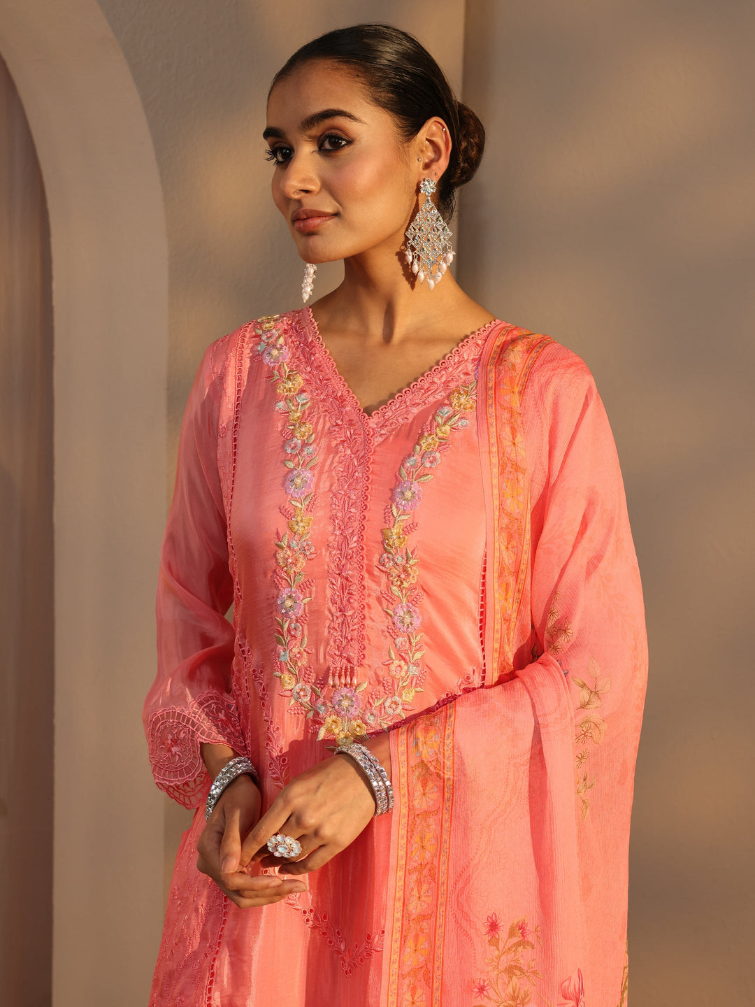  Libas Art Peach Floral Embroidered Organza Straight Suits Set With Dupatta 