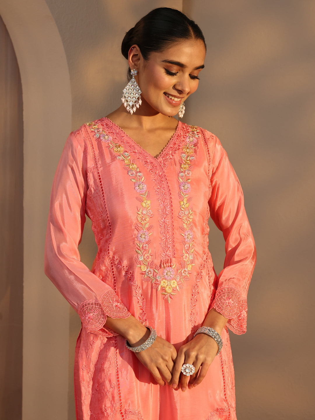  Libas Art Peach Floral Embroidered Organza Straight Suits Set With Dupatta 