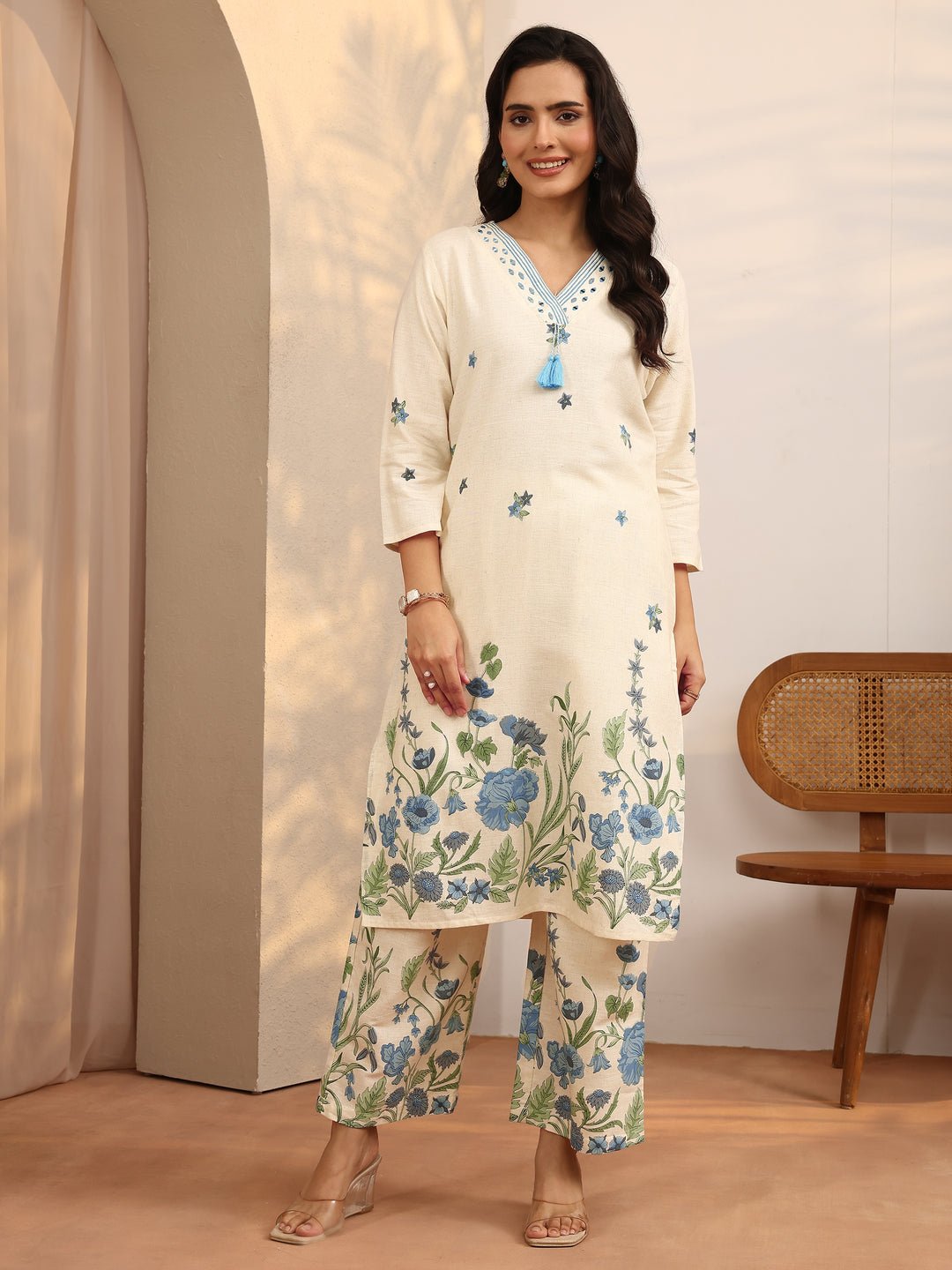  Off White Printed Cotton Blend Co-Ord Set 