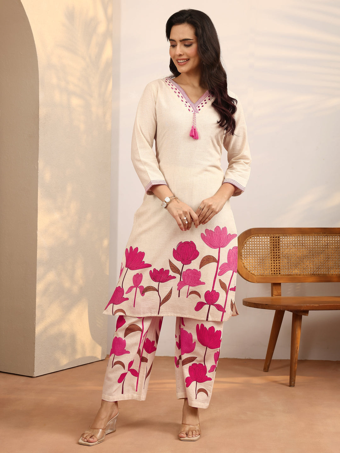  Off White Printed Cotton Blend Co-Ord Set 