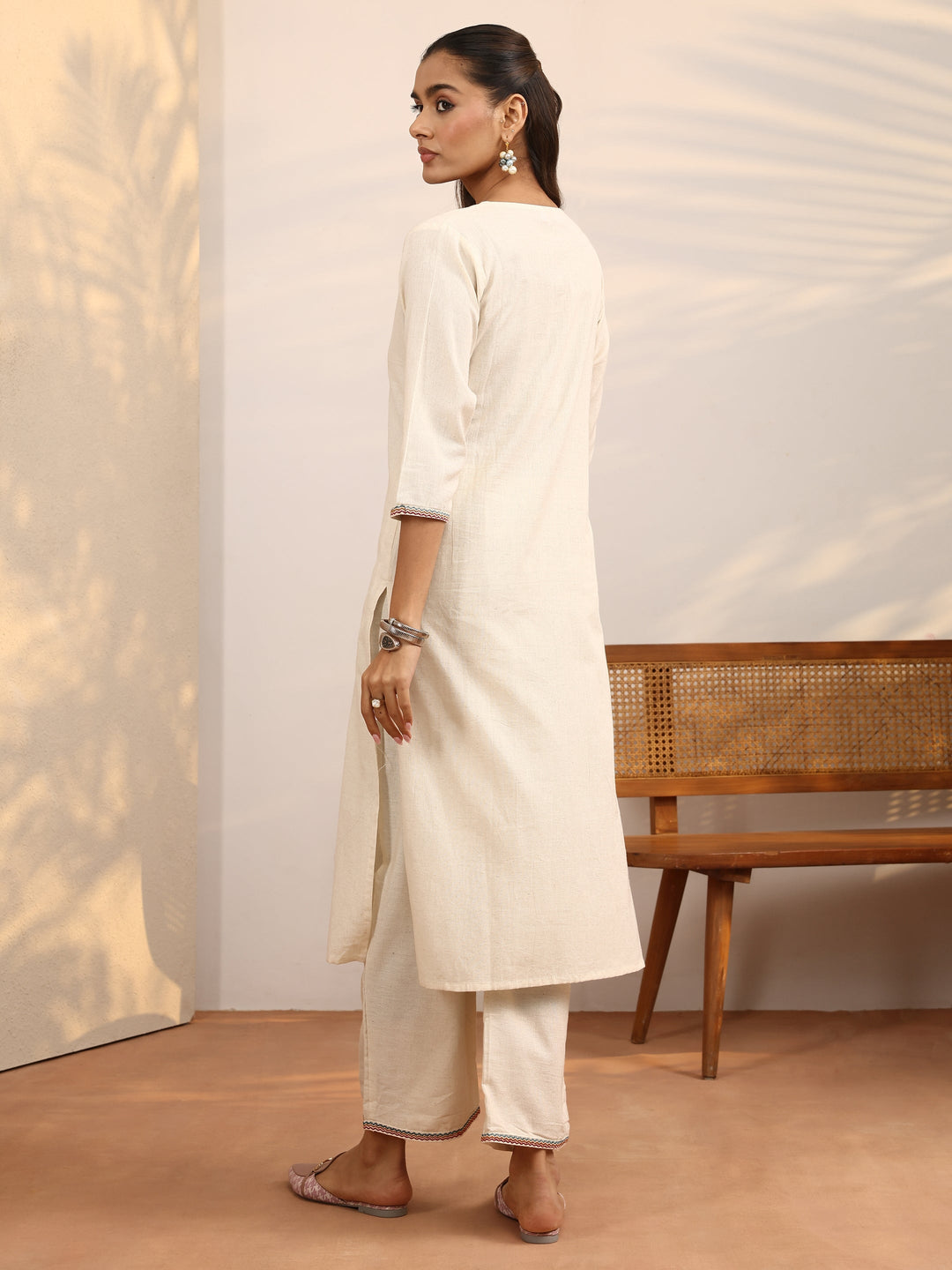  Off White Embroidered Cotton Blend Straight Kurta Set 