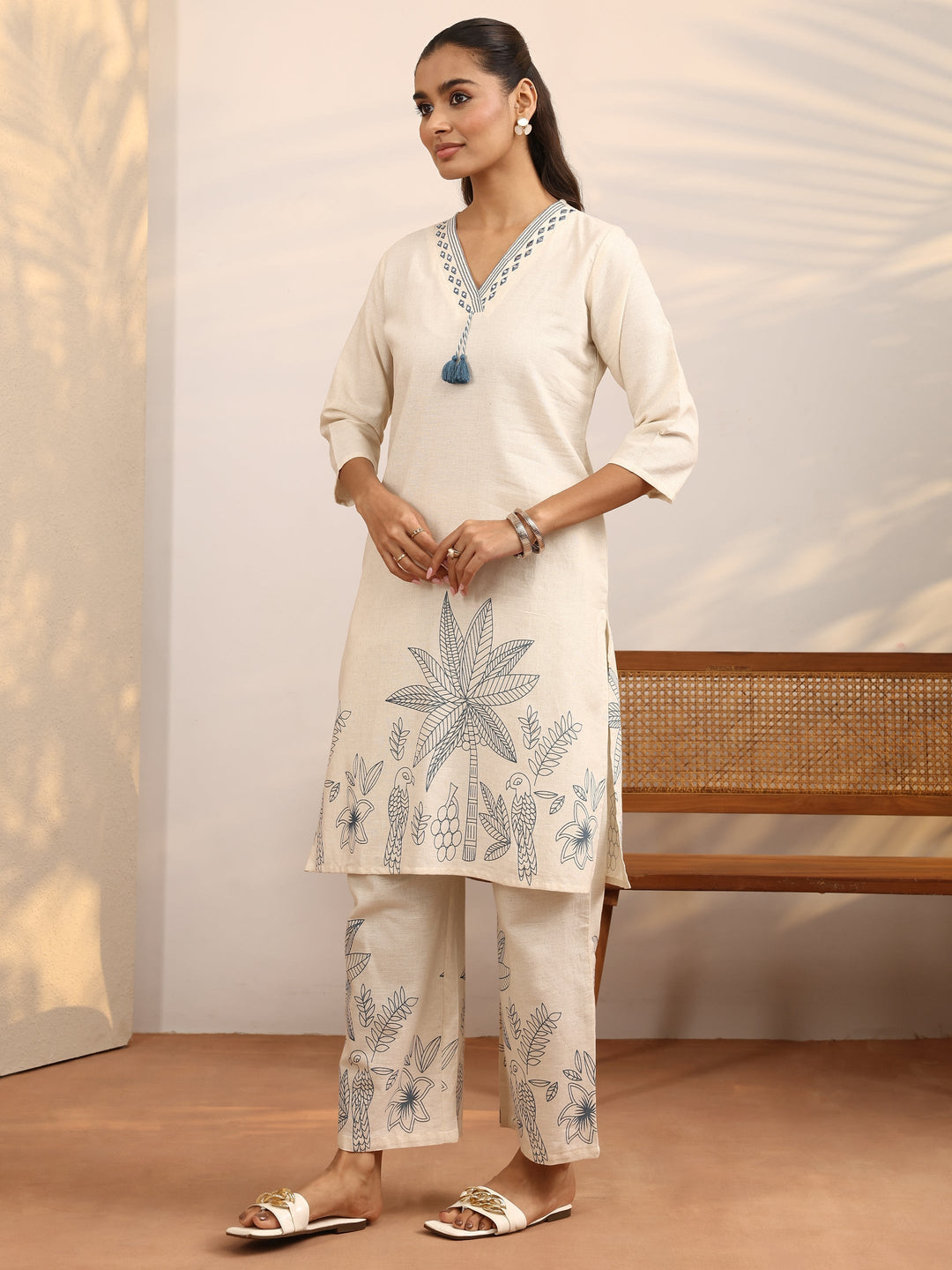  Off White Printed Cotton Blend Co-Ord Set 