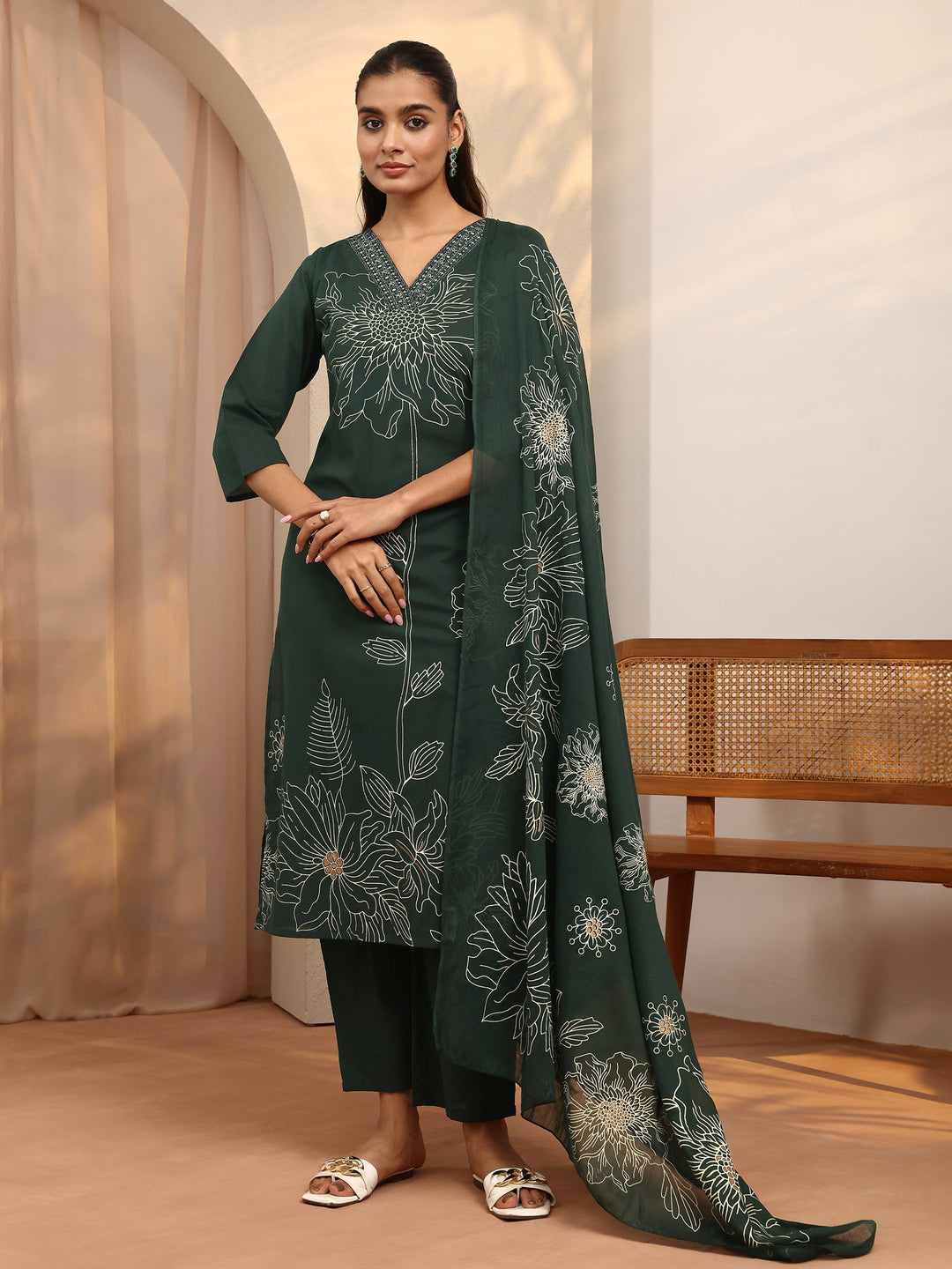  Green Printed Cotton Straight Suit Set With Dupatta 