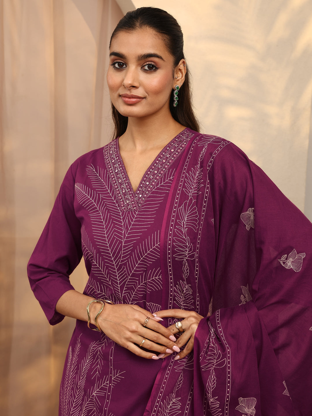  Burgundy Embroidered Cotton Straight Suit Set With Dupatta 
