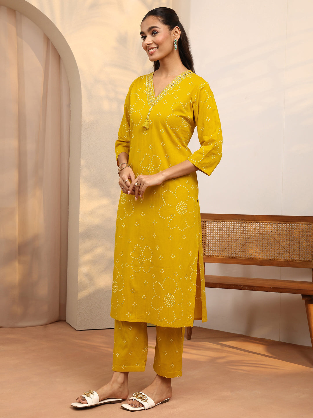  Mustard Bandhani Printed Cotton Suit Set With Dupatta 