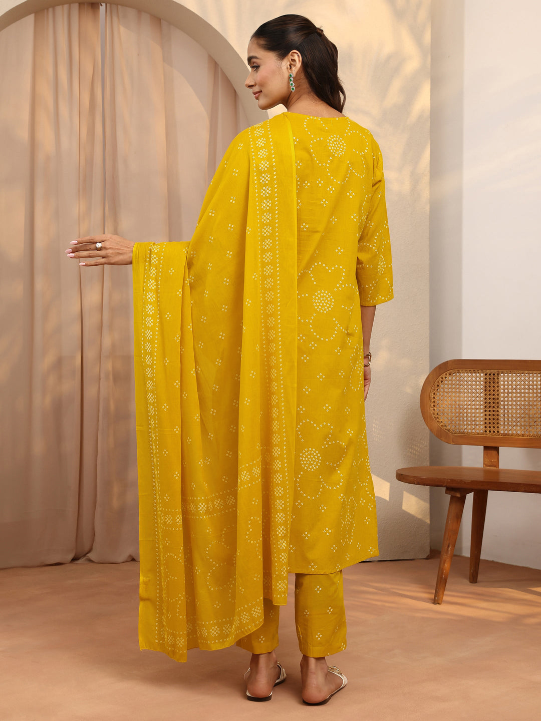 Mustard Bandhani Printed Cotton Suit Set With Dupatta 