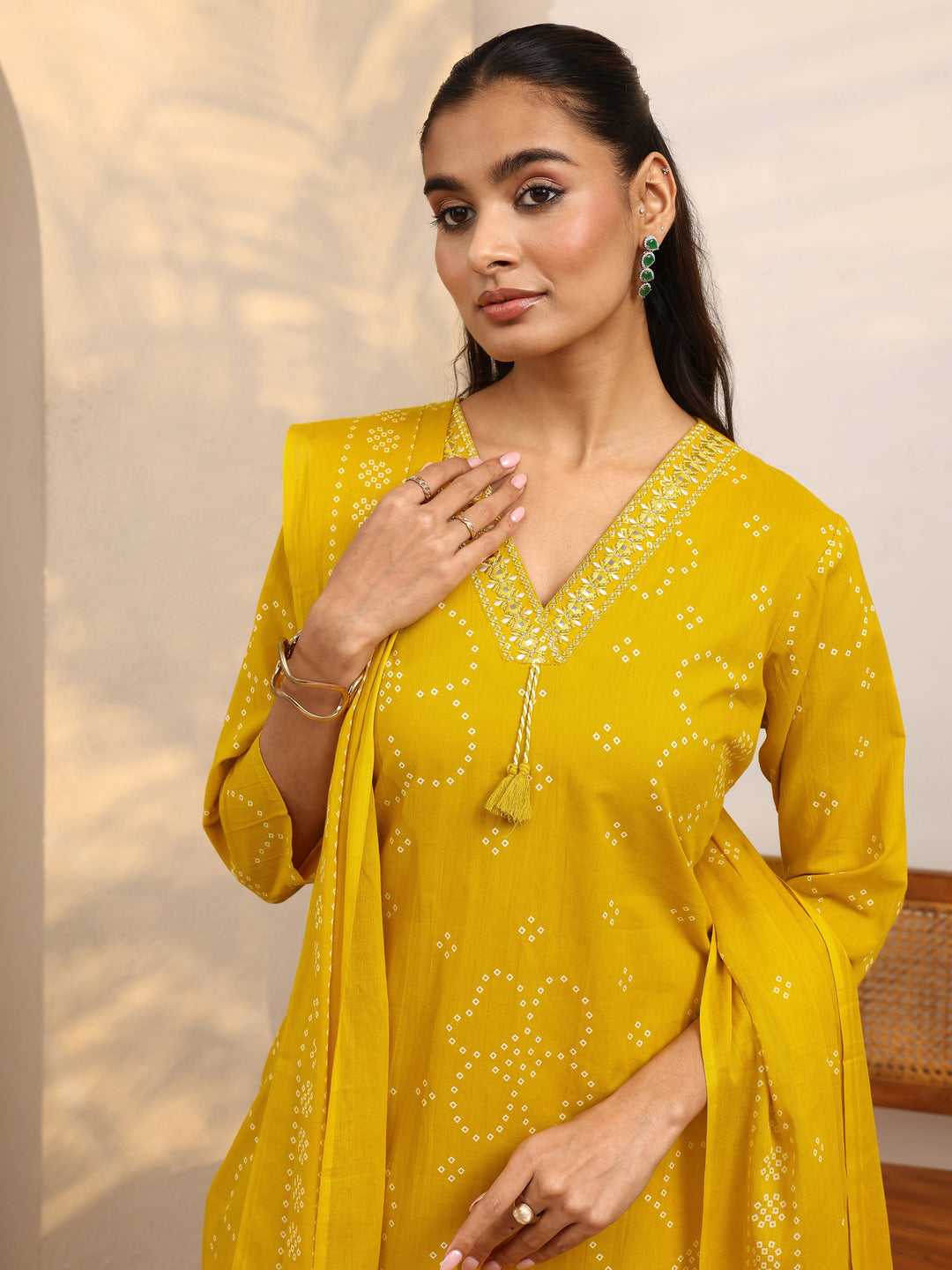  Mustard Bandhani Printed Cotton Suit Set With Dupatta 