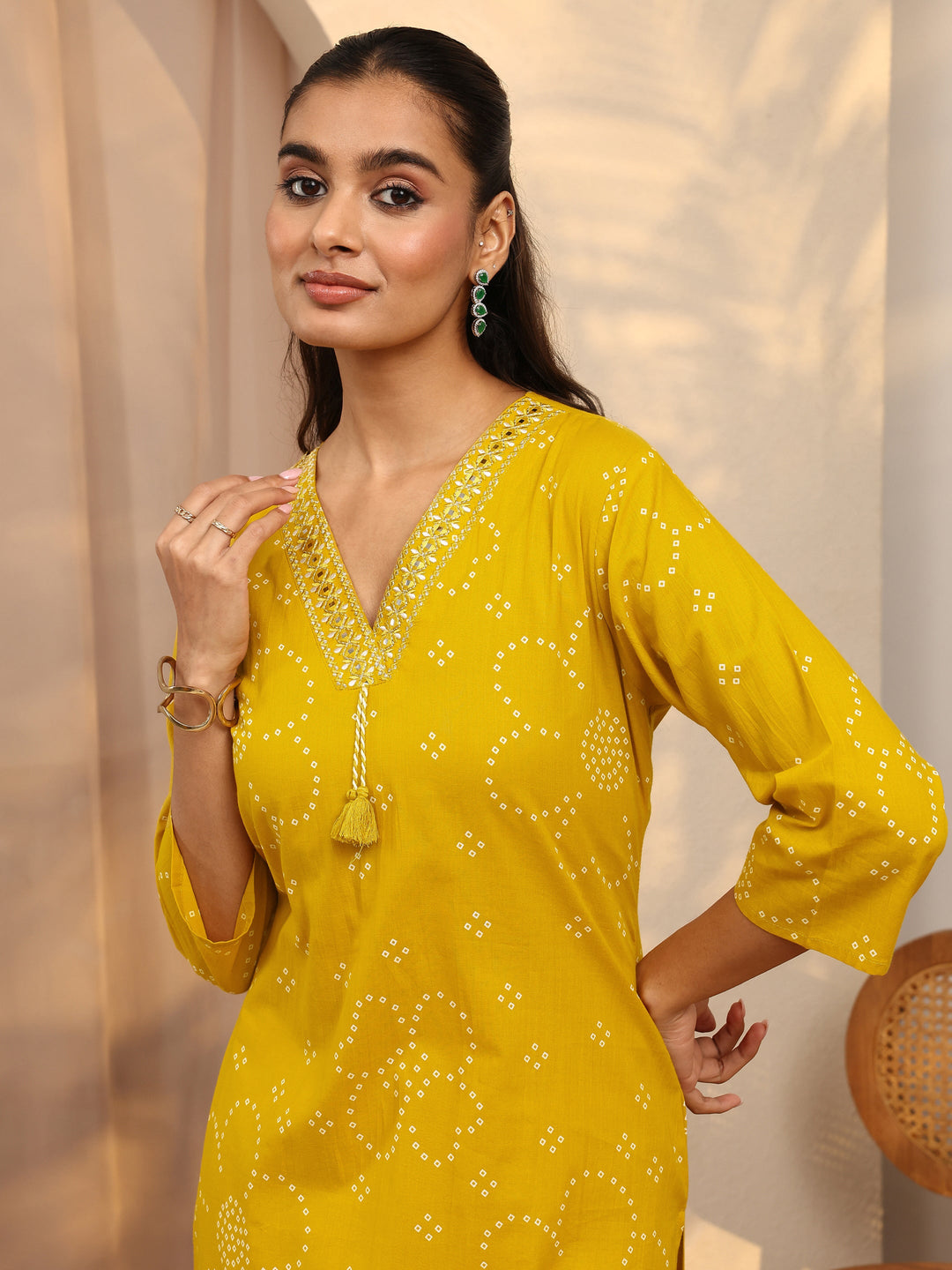  Mustard Bandhani Printed Cotton Suit Set With Dupatta 