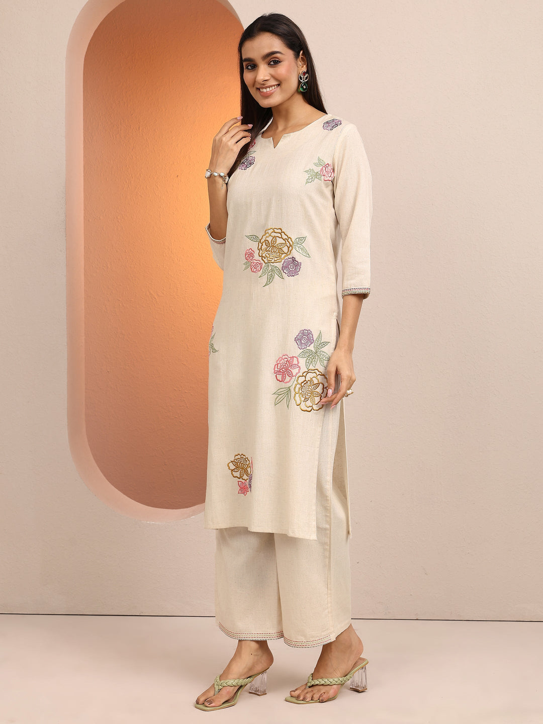  Off White Embroidered Cotton Co-Ord Sets 