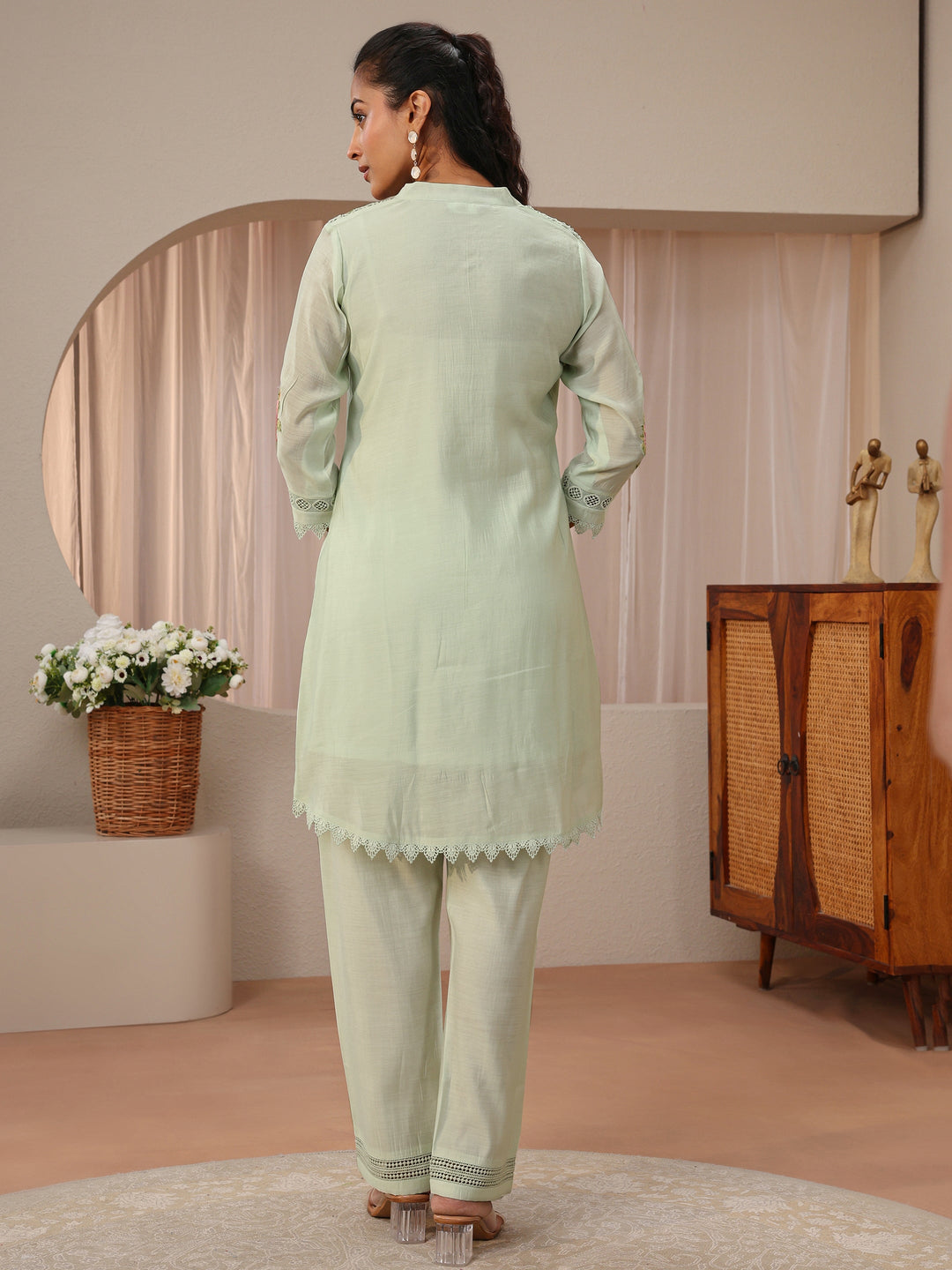  Green Floral Embroidered Silk Blend A-Line Kurta Set 