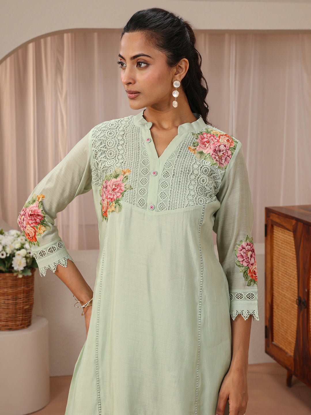  Green Floral Embroidered Silk Blend A-Line Kurta Set 