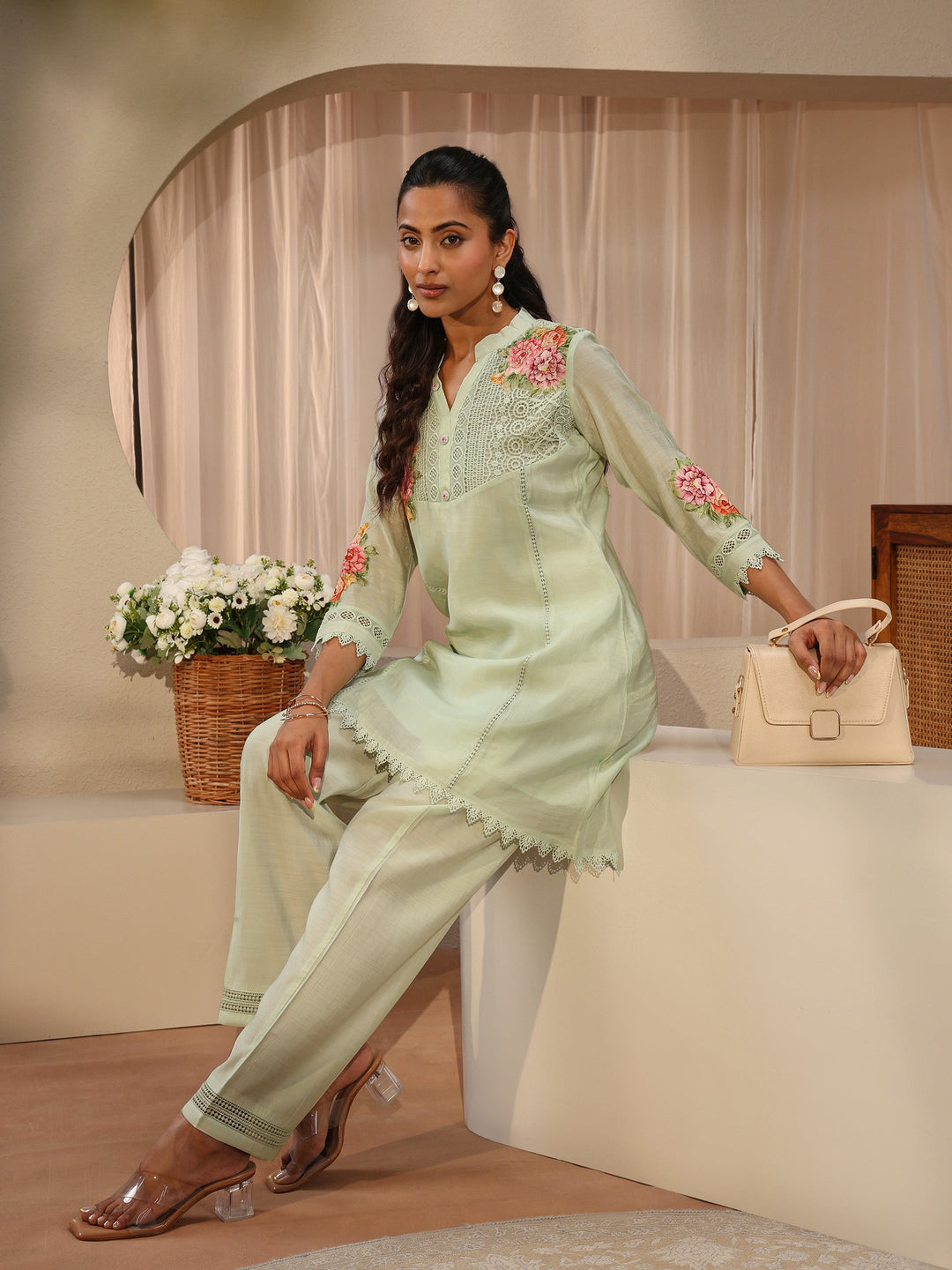  Green Floral Embroidered Silk Blend A-Line Kurta Set 