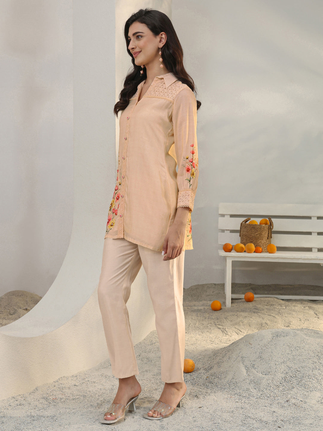  Peach Floral Printed Silk Blend Straight Kurta Set 
