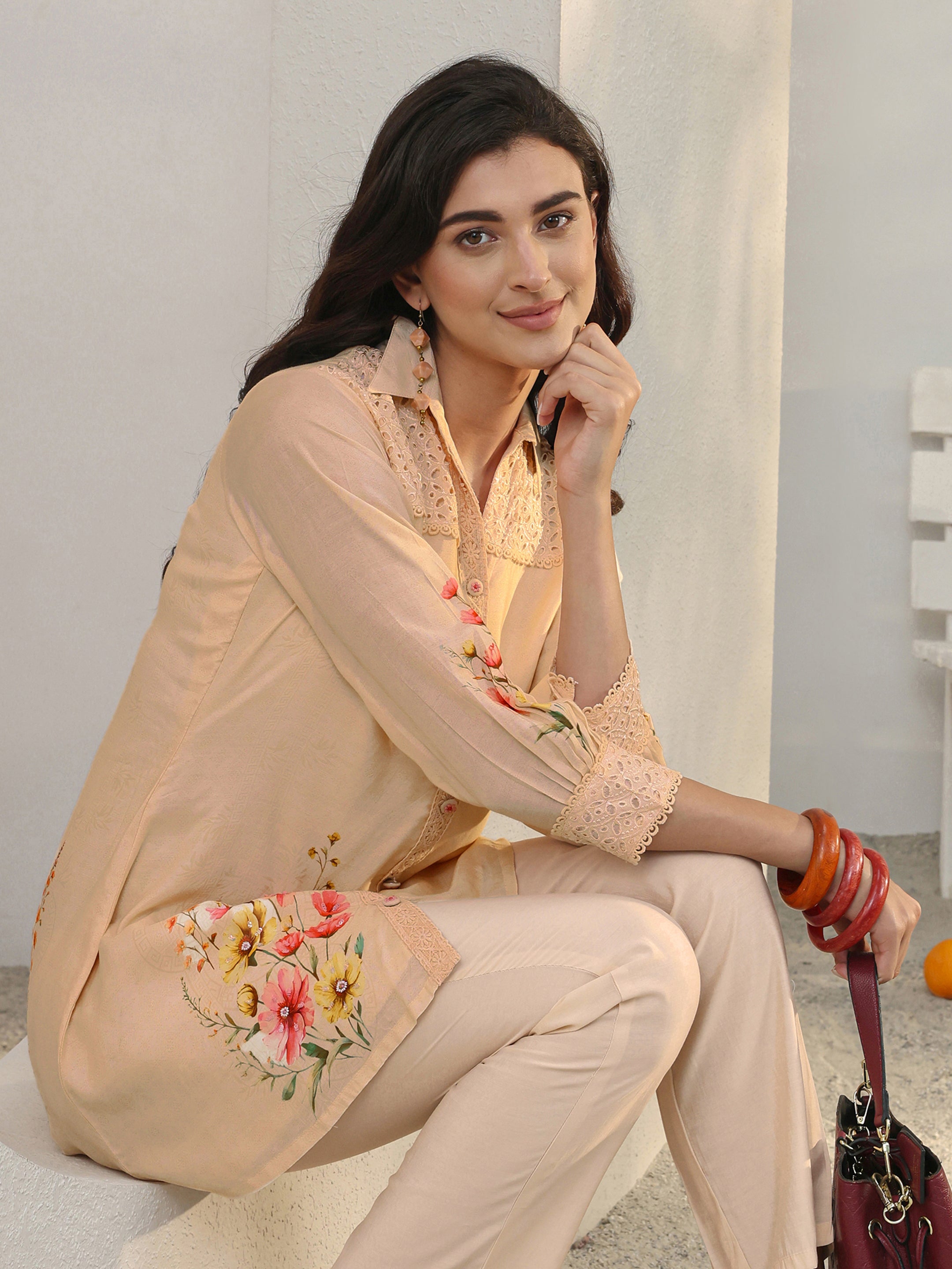 libas Peach Floral Printed Silk Blend Straight Kurta Set-picture-31