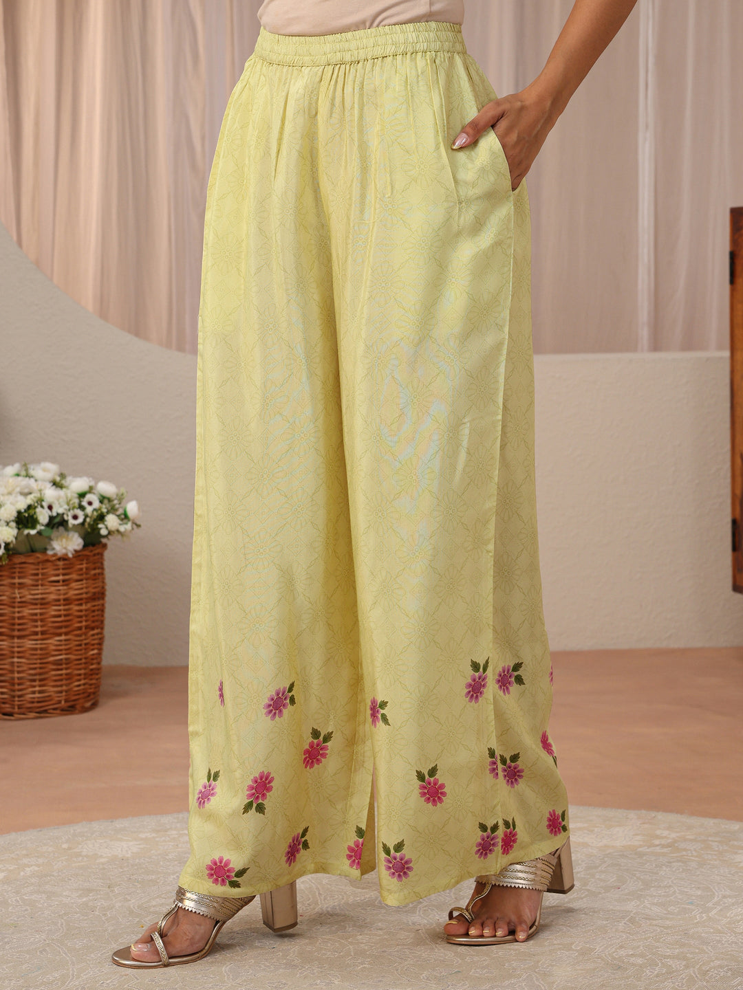  Lime Green Floral Printed Silk Blend Straight Kurta Set 