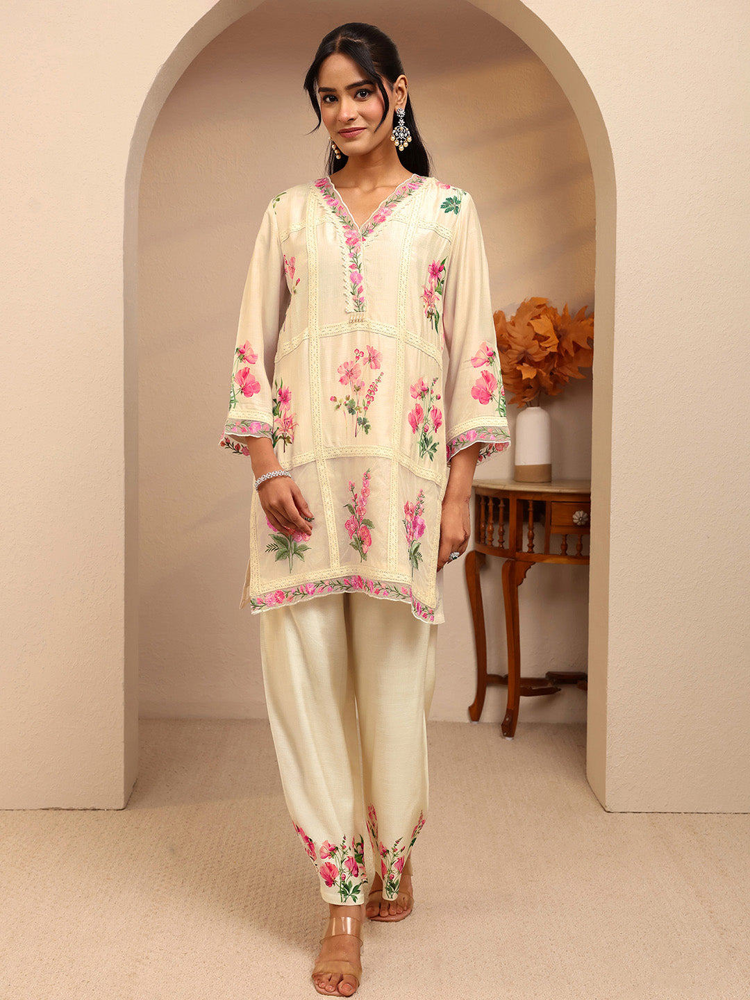 libas Off White Floral Printed Silk Blend Straight Suit Set-picture-55