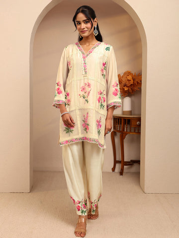 Off White Floral Printed Silk Blend Straight Suit Set
