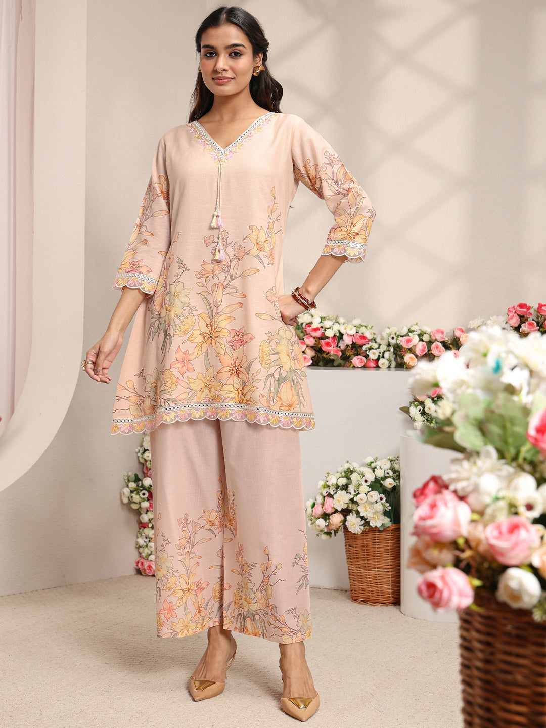  Peach Floral Printed Linen A-Line Kurta Set 