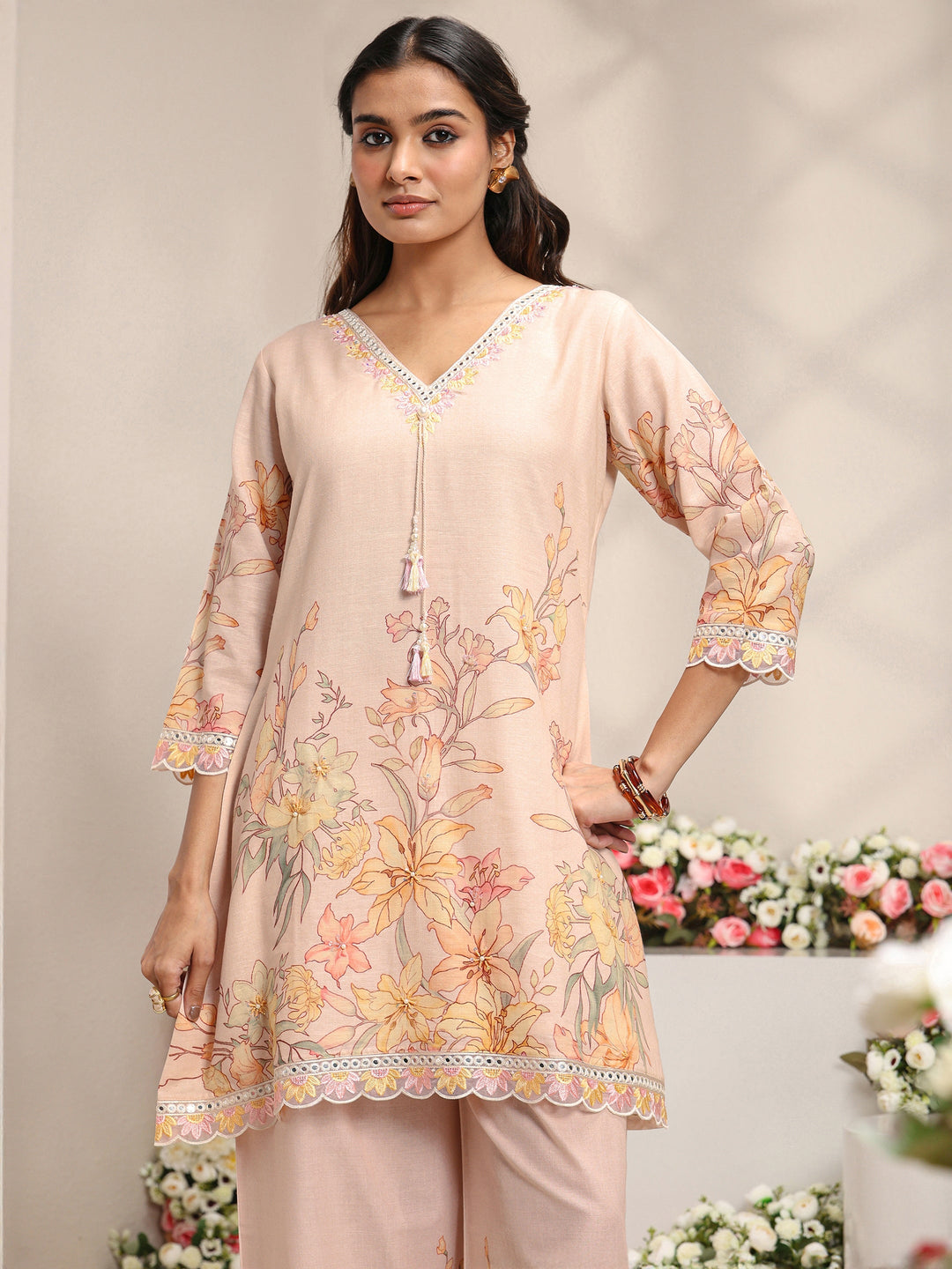  Peach Floral Printed Linen A-Line Kurta Set 