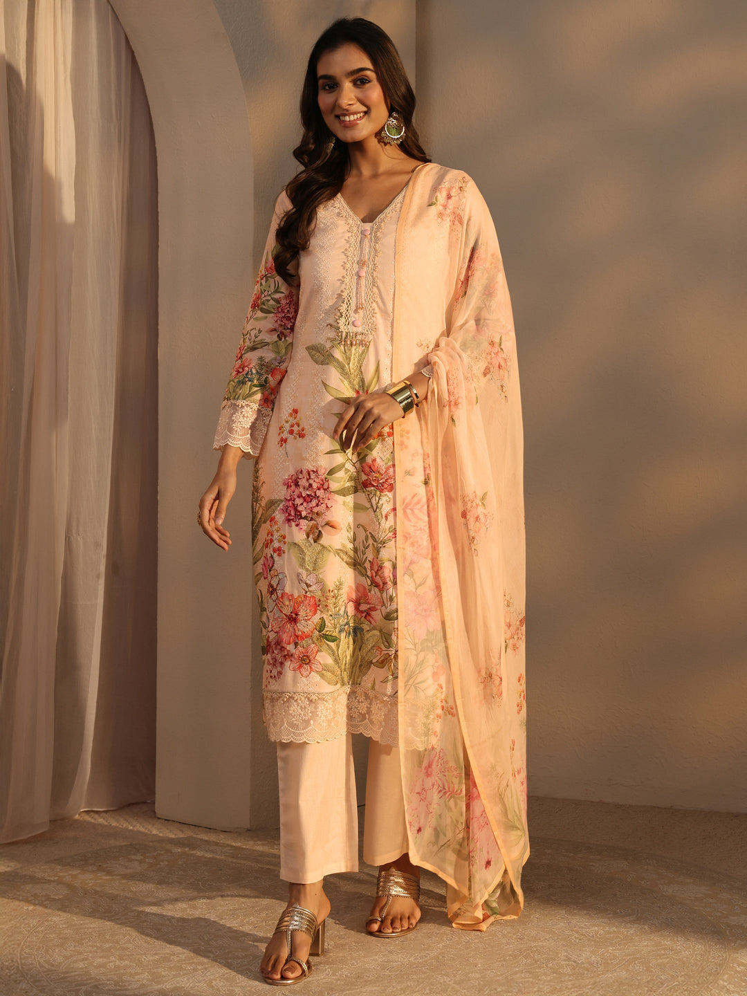  Peach Floral Printed Cotton Straight Suits Set With Dupatta 