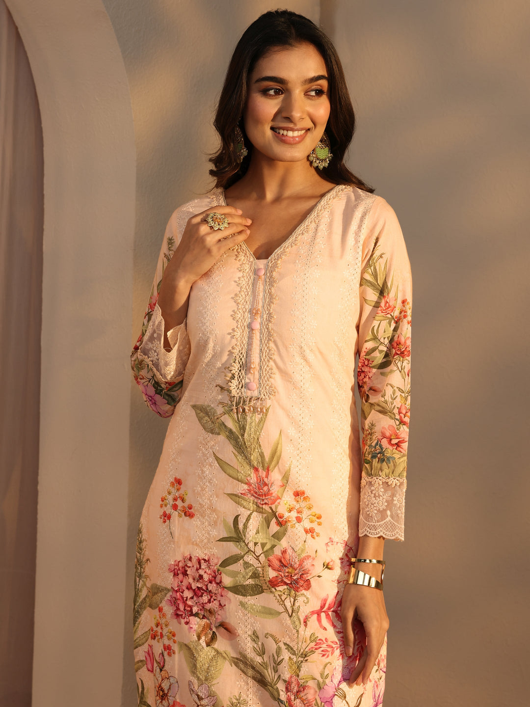  Peach Floral Printed Cotton Straight Suits Set With Dupatta 