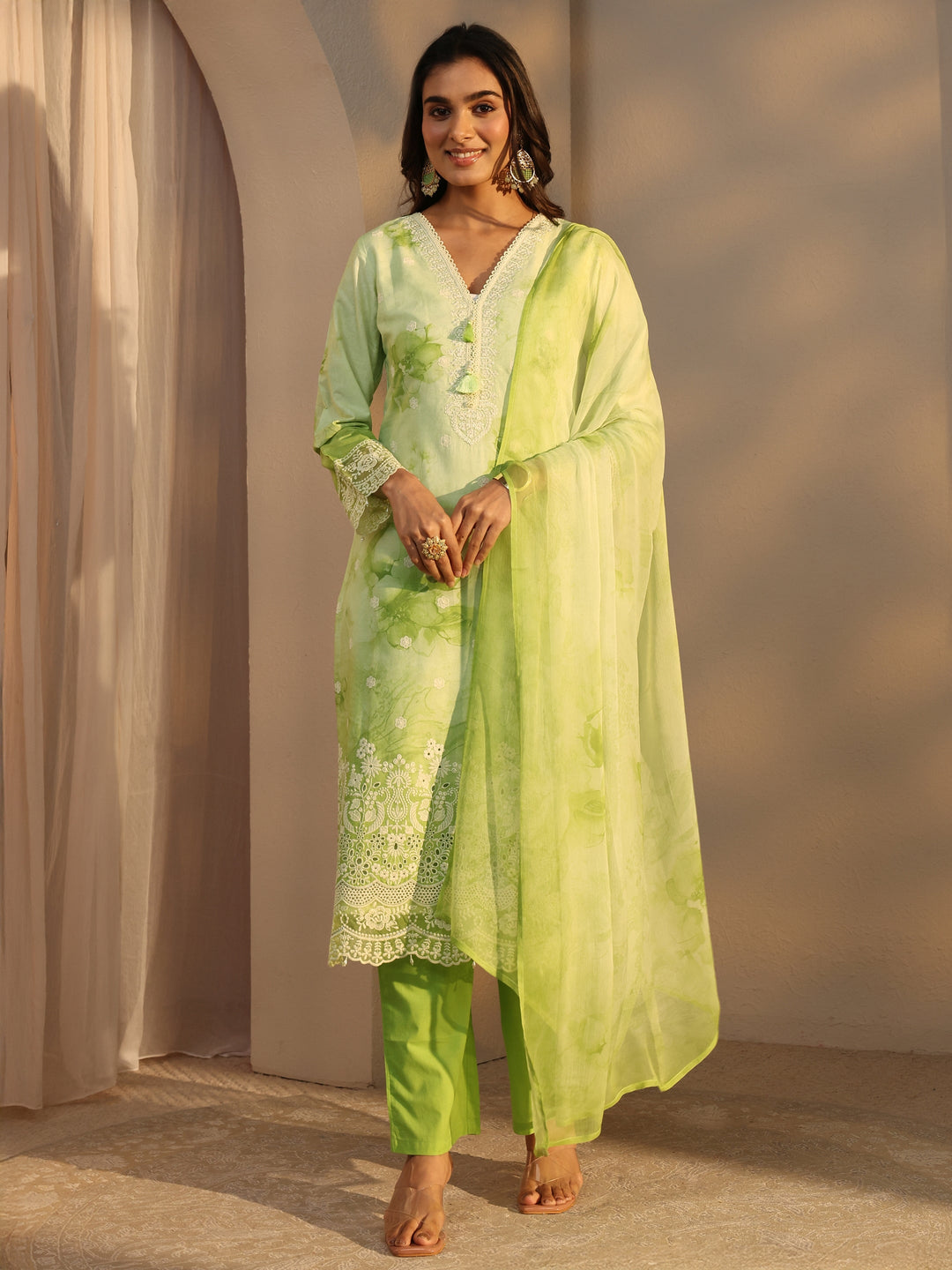  Green Floral Printed Cotton Straight Suits Set With Dupatta 