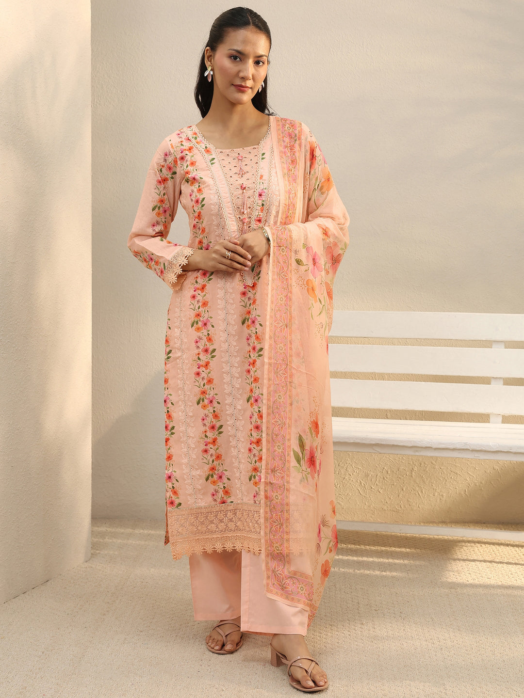  Peach Floral Printed Cotton Straight Suit Set 