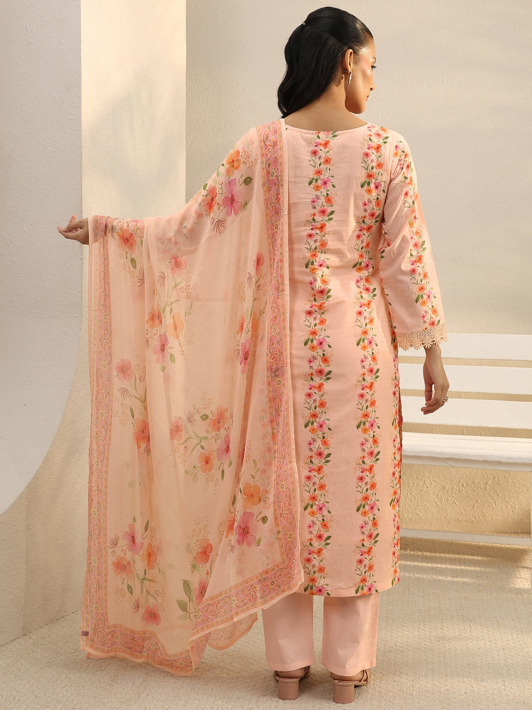  Peach Floral Printed Cotton Straight Suit Set 