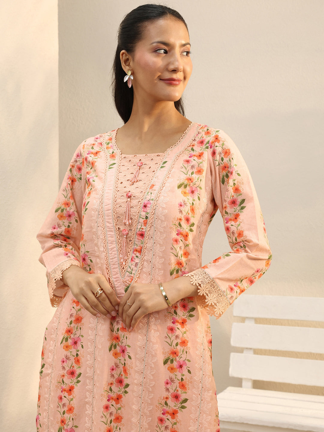  Peach Floral Printed Cotton Straight Suit Set 