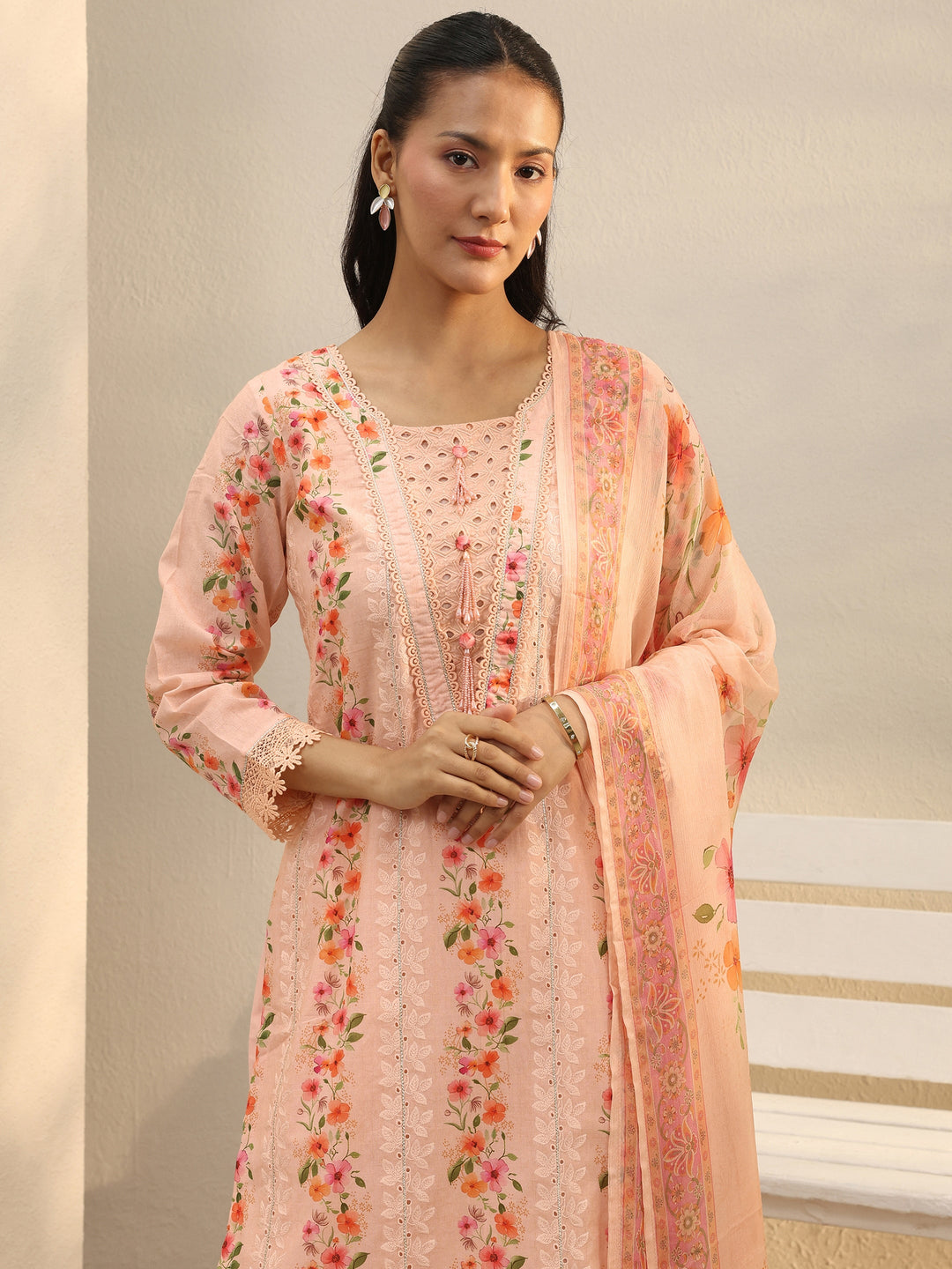  Peach Floral Printed Cotton Straight Suit Set 