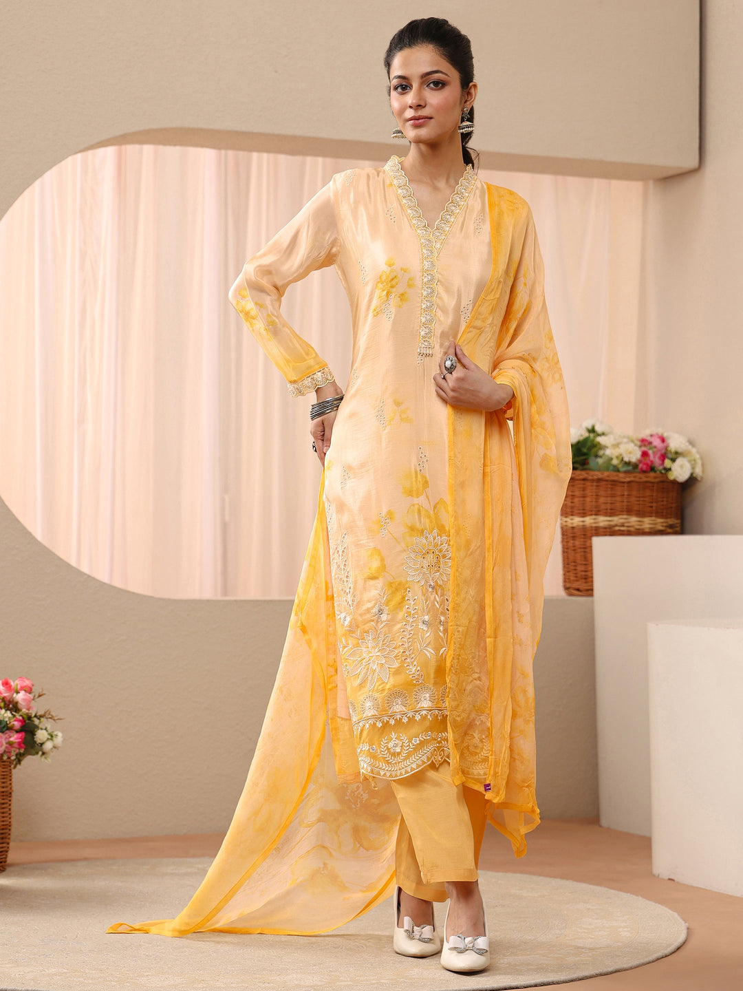  Yellow Floral Printed Silk Blend Straight Suit Set 
