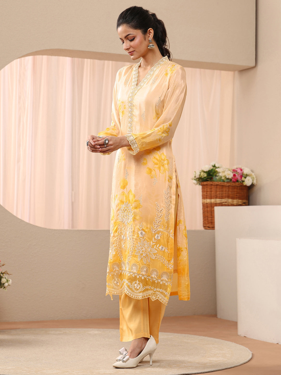  Yellow Floral Printed Silk Blend Straight Suit Set 