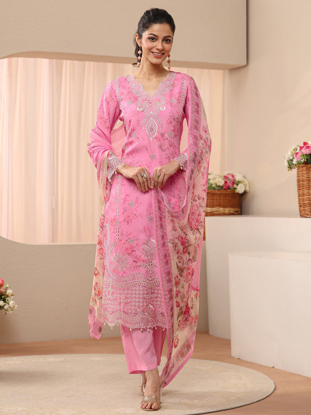  Pink Floral Printed Silk Blend Straight Suit Set 