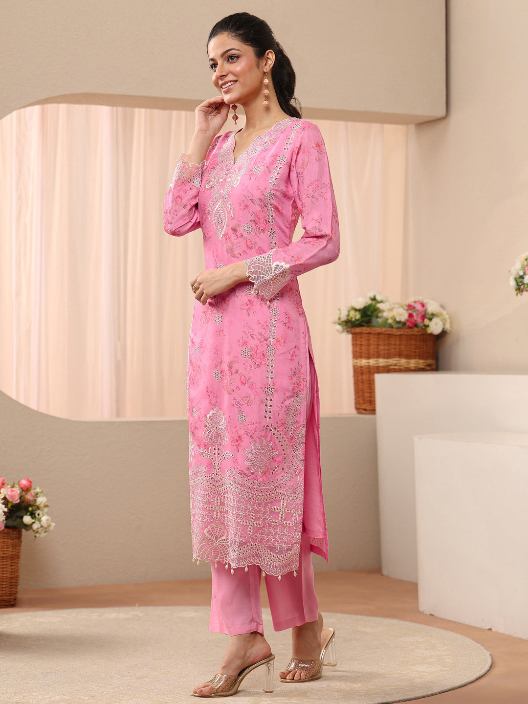  Pink Floral Printed Silk Blend Straight Suit Set 