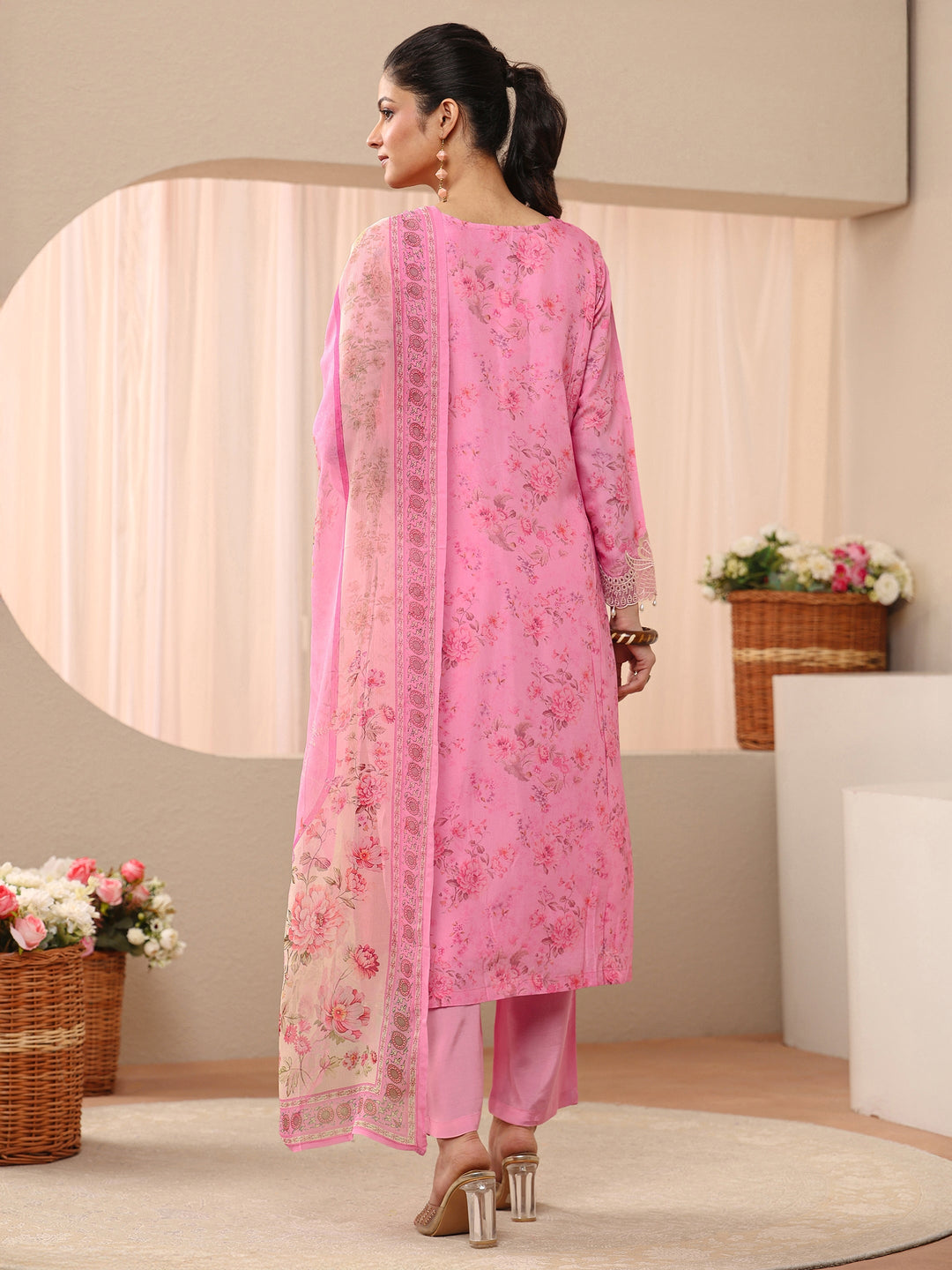  Pink Floral Printed Silk Blend Straight Suit Set 