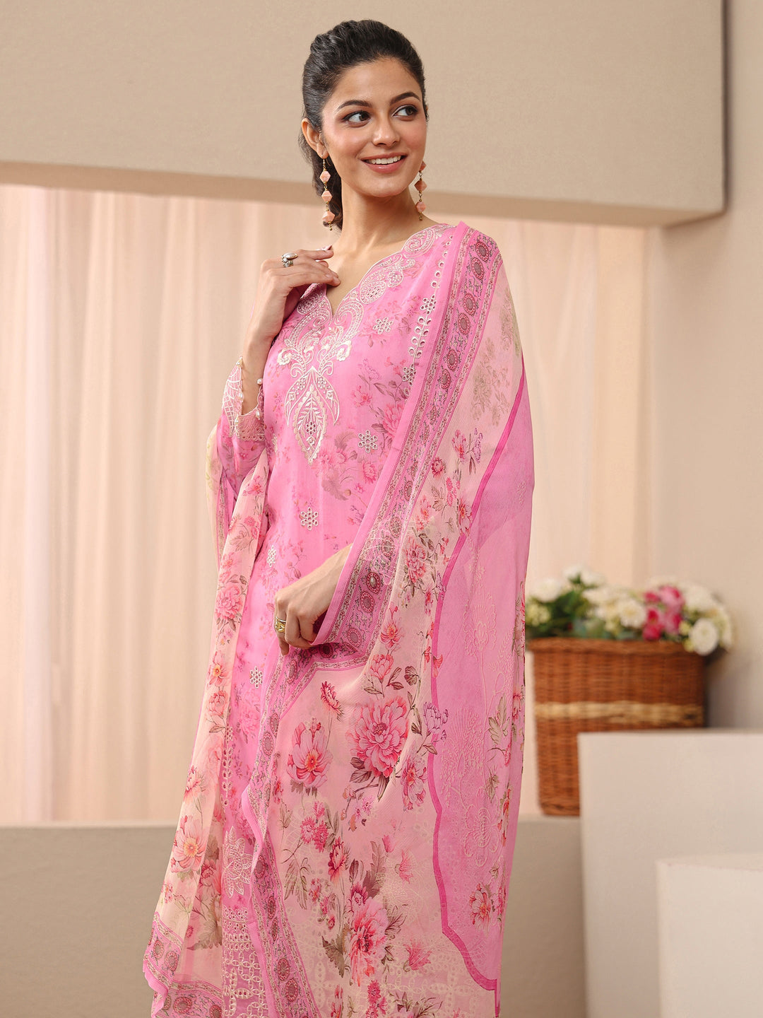  Pink Floral Printed Silk Blend Straight Suit Set 