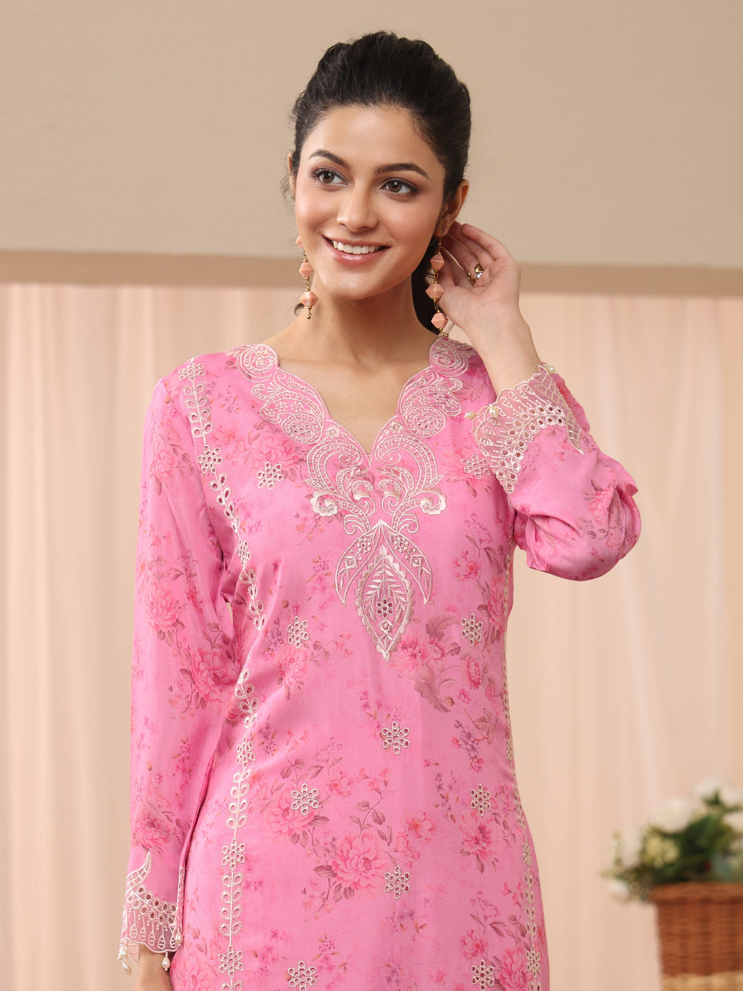  Pink Floral Printed Silk Blend Straight Suit Set 
