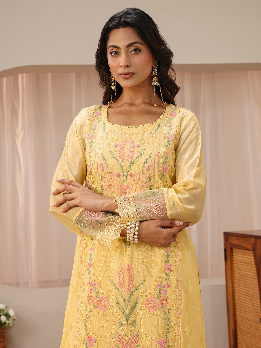  Libas Art Yellow Floral Embroidered Silk Blend Straight Suit Set 