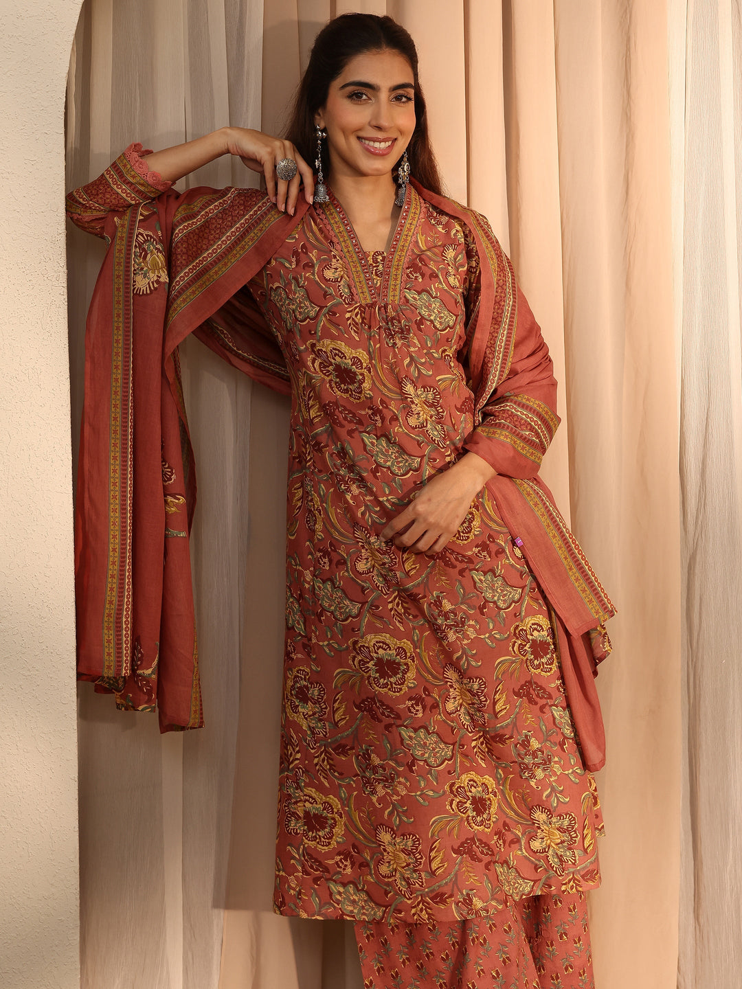  Coral Floral Printed Cotton Blend A-Line Suit Set With Dupatta 