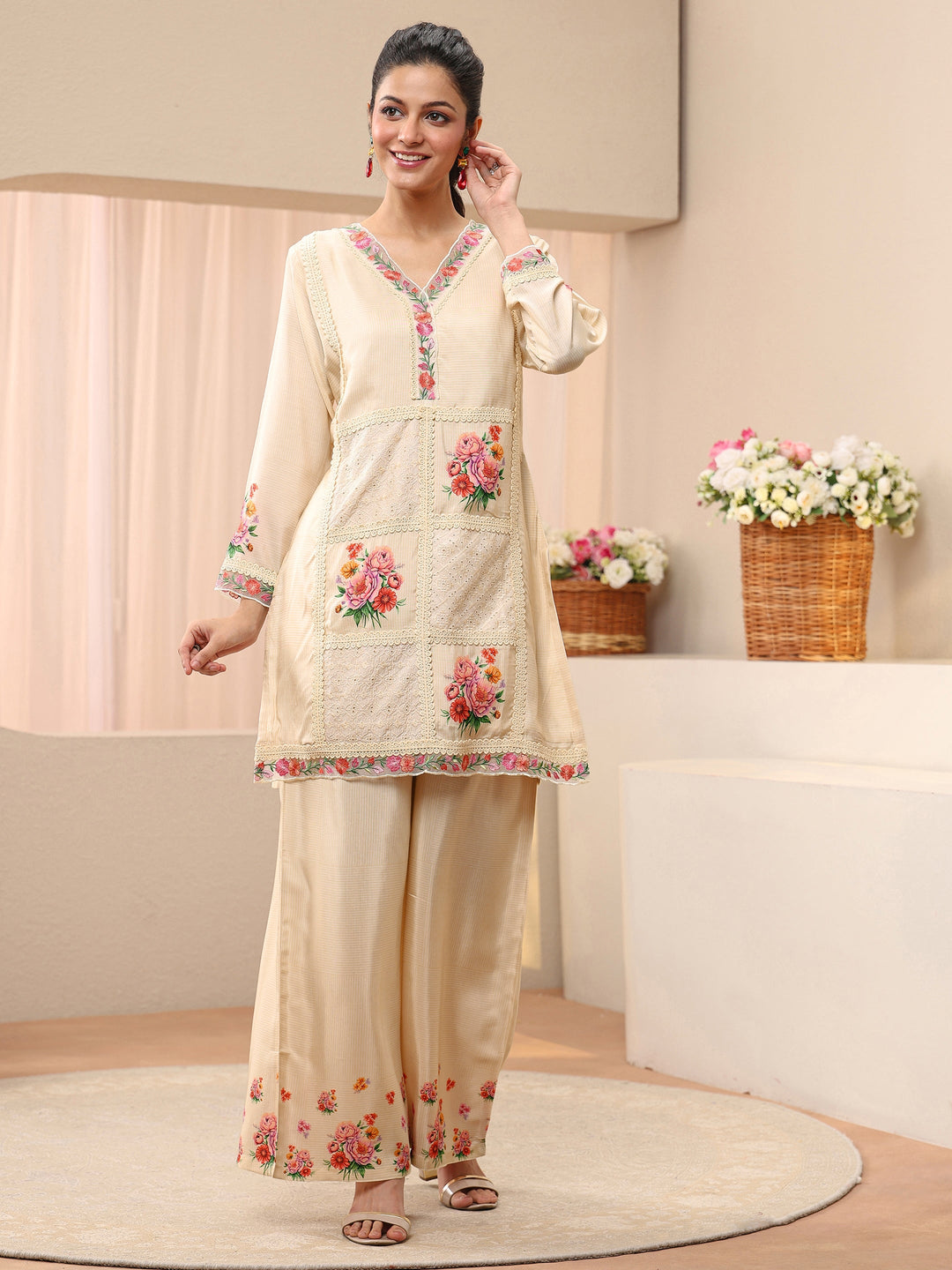  Beige Floral Printed Muslin Co-Ord Set 