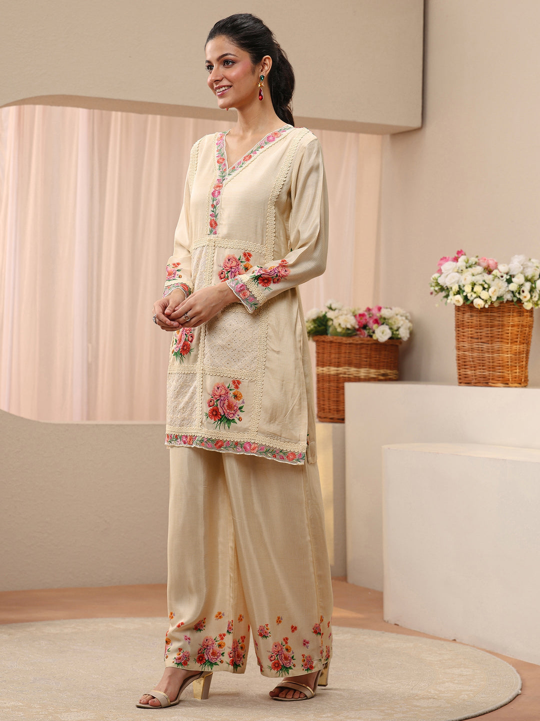  Beige Floral Printed Muslin Co-Ord Set 