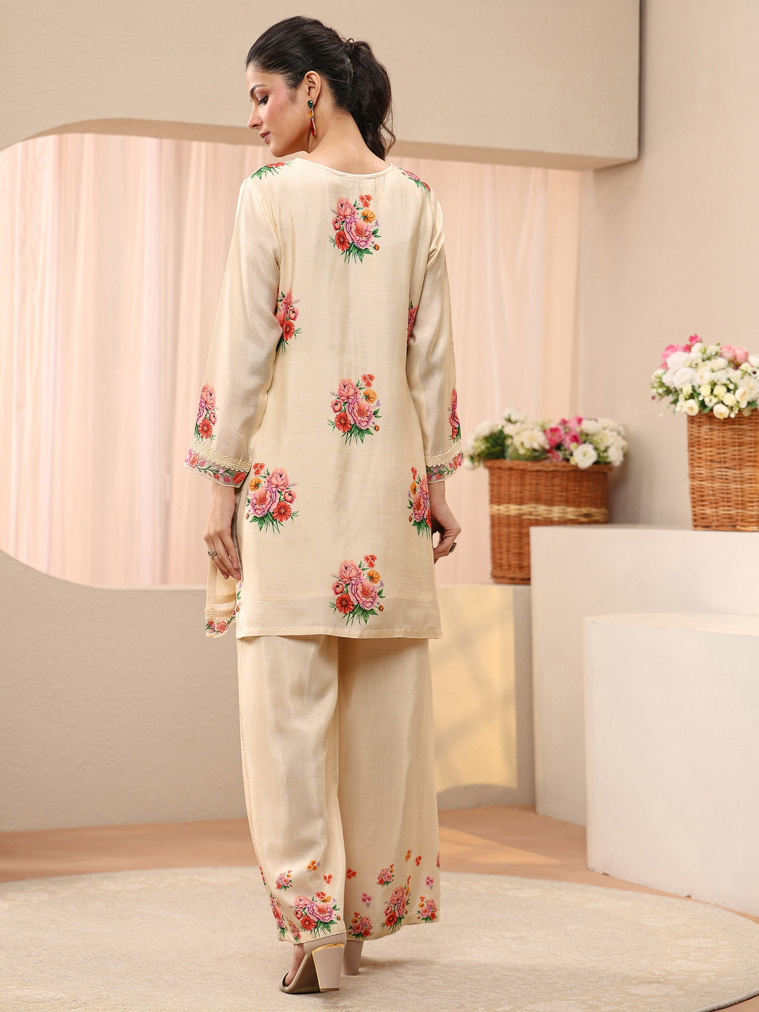  Beige Floral Printed Muslin Co-Ord Set 