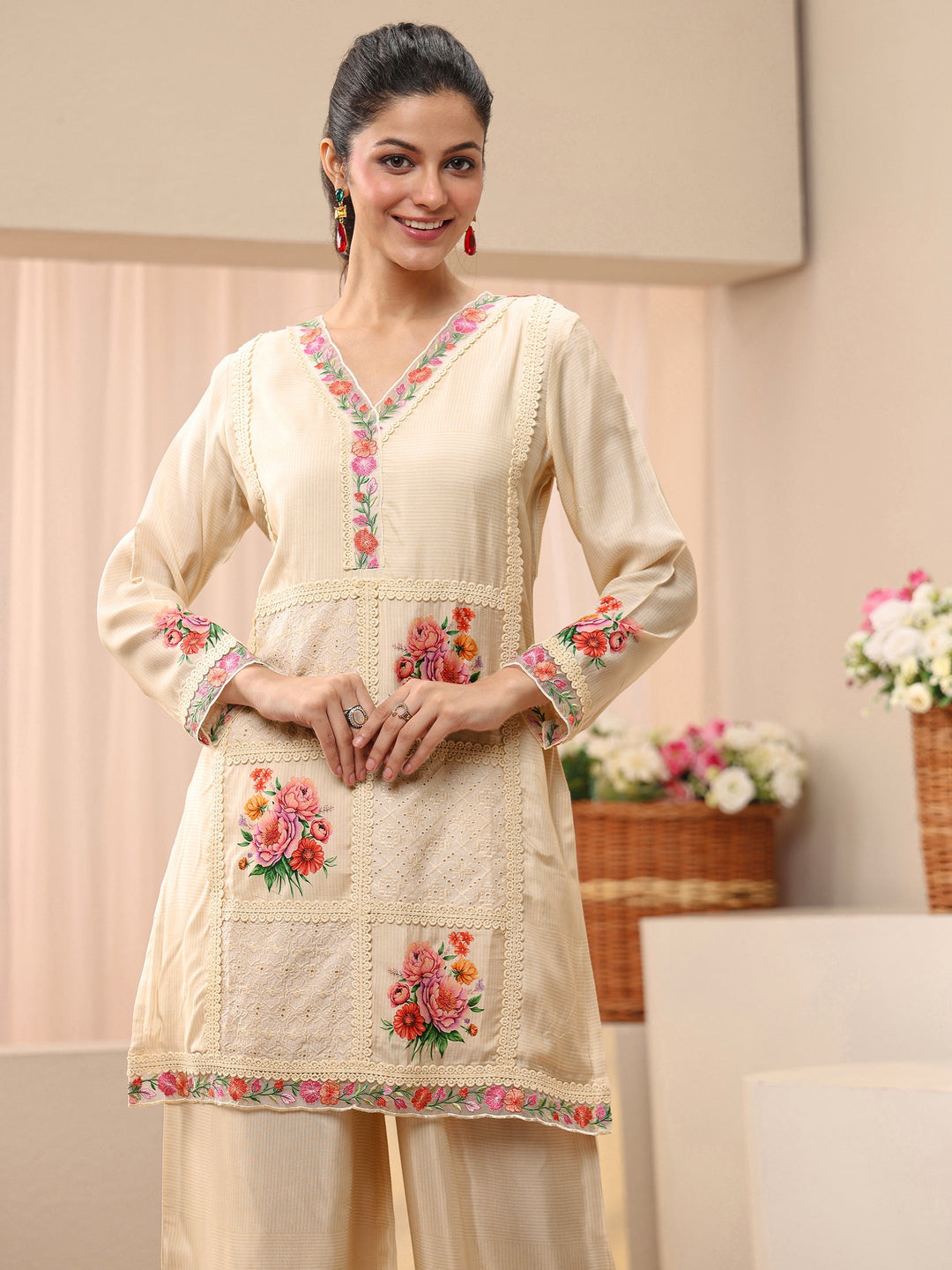  Beige Floral Printed Muslin Co-Ord Set 