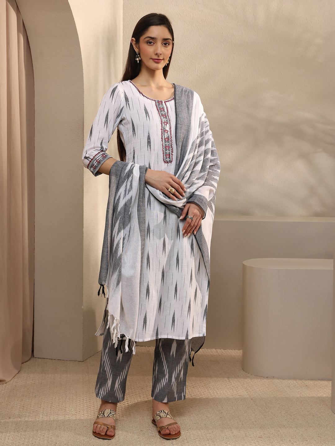  White Ikkat Printed Cotton Straight Suit Set With Dupatta 